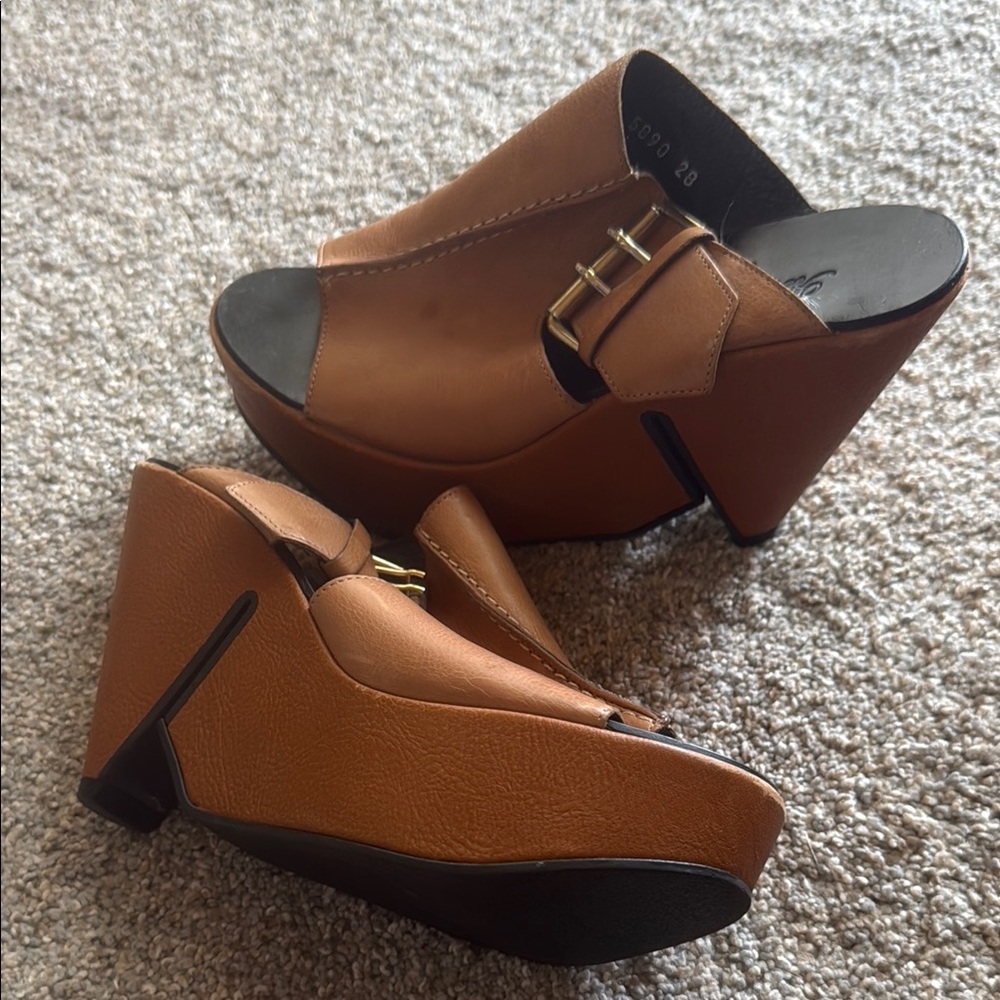 Robert Clergerie Tan Platform Wedge Mules with Gold Buckle